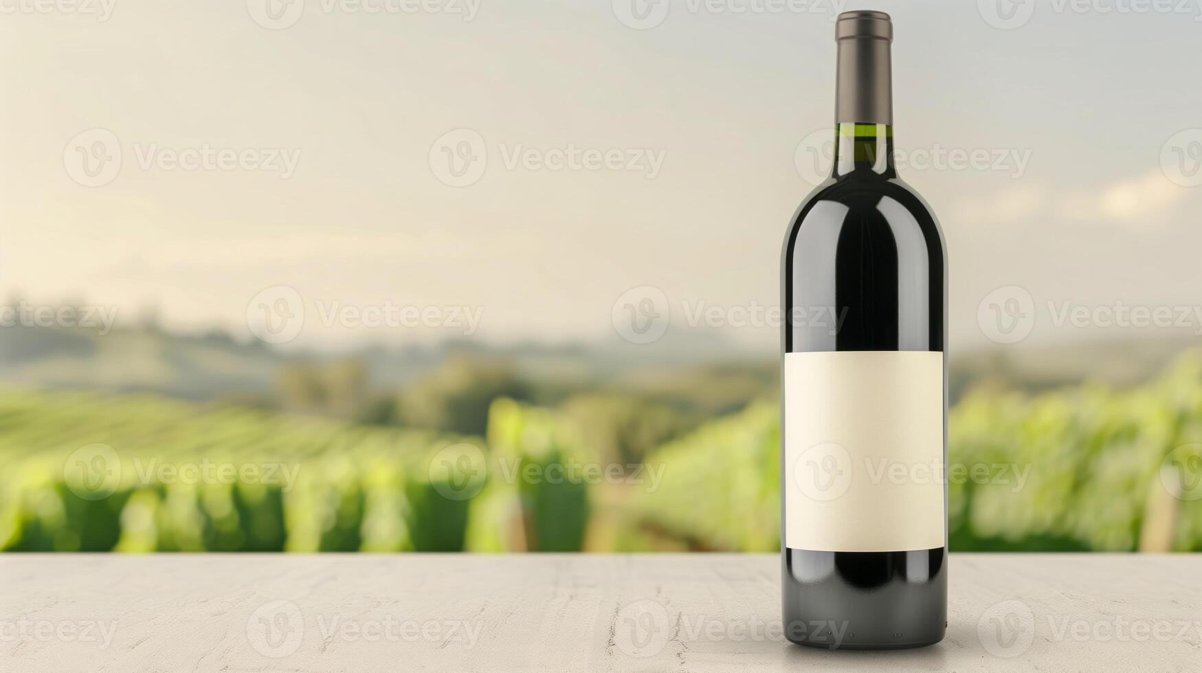 Elegant Wine Bottle On Wooden Table With Vineyard Background, Perfect For Winery Promotions, Wine Tasting Events, And Autumn Harvest Celebrations photo