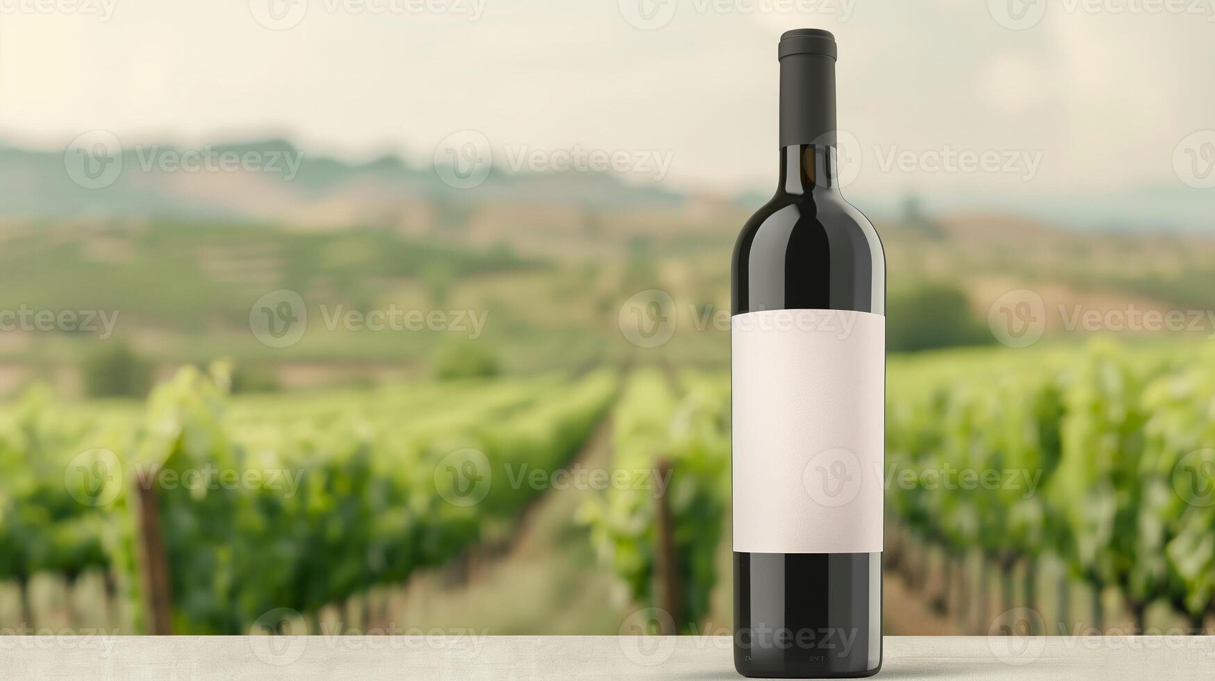 Elegant Wine Bottle With Blank Label on Table in Front of Scenic Vineyard Background, Suitable for Branding Mockup, Advertising, Winery Promotions, and Gourmet Food Pairing Themes photo
