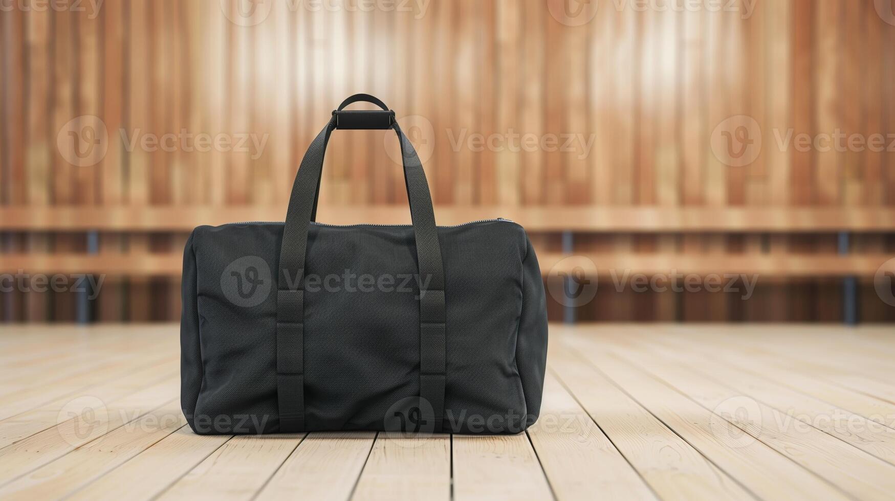 Black Sports Duffel Bag on Wooden Floor in Gym with Wooden Background - Minimalist Fitness Gear in Modern Athletic Setting photo
