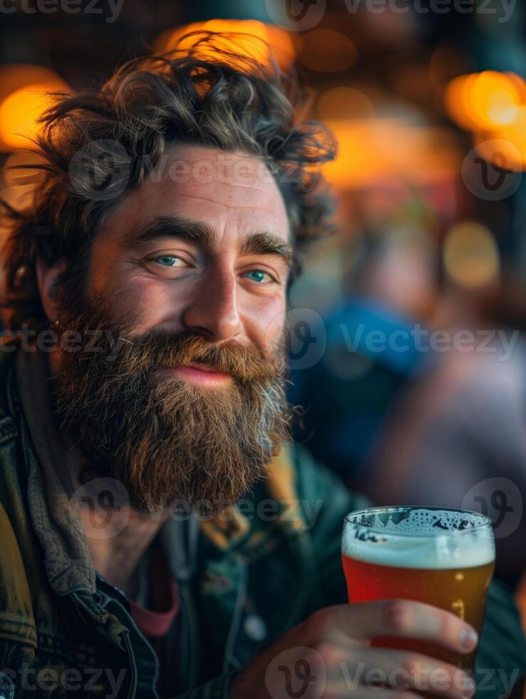 Bearded Man Enjoying Craft Beer in Cozy Pub with Warm Ambient Lighting, Happy Expressions, and Soft Focus Background Ideal for Winter Holidays, Festive, International Beer Day Celebrations photo