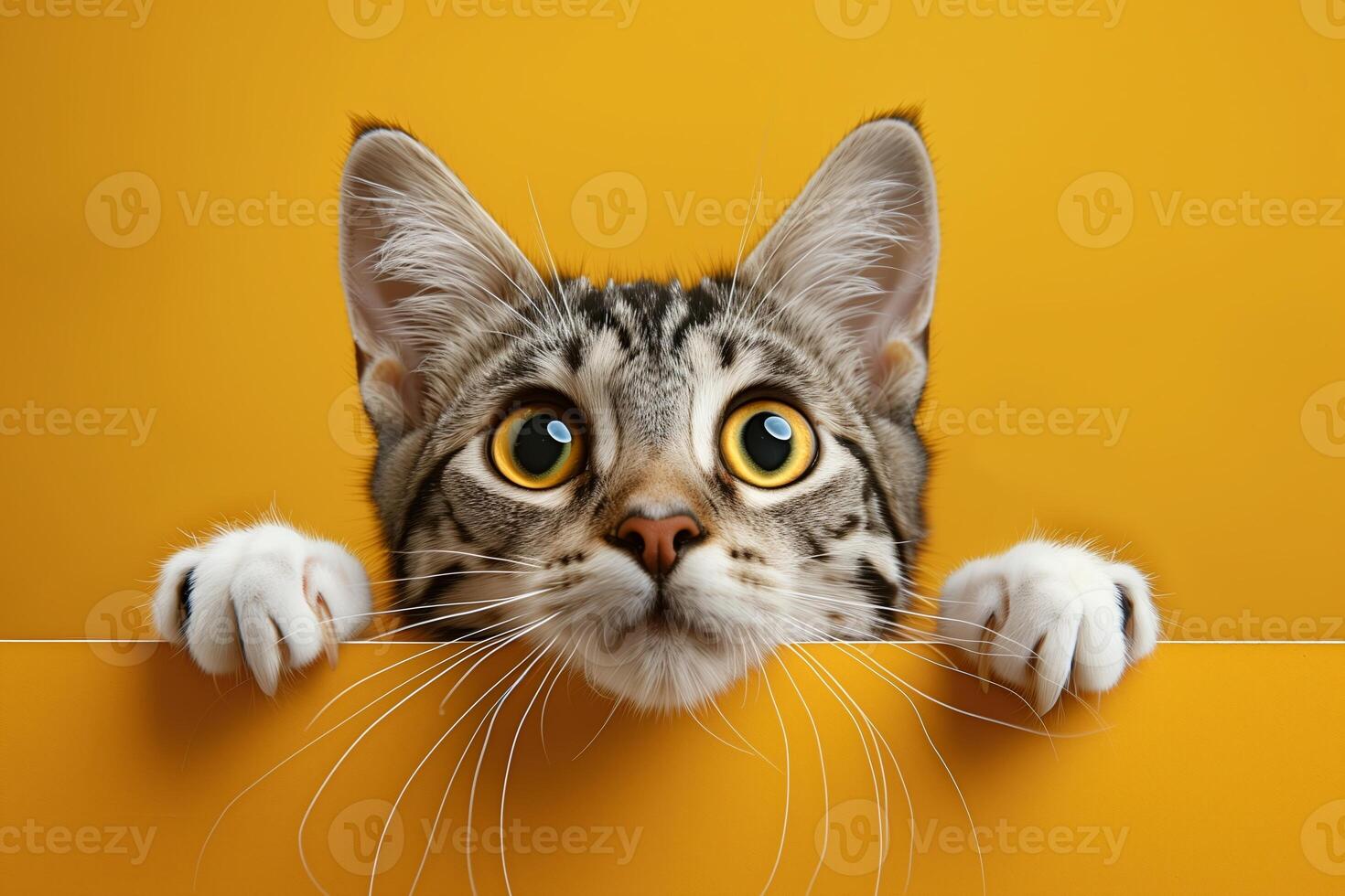 Adorable Kitten With Big Eyes Peeking Over Yellow Background Featuring Tabby Markings and Whiskers Highlighted in Playful and Bright Setting photo