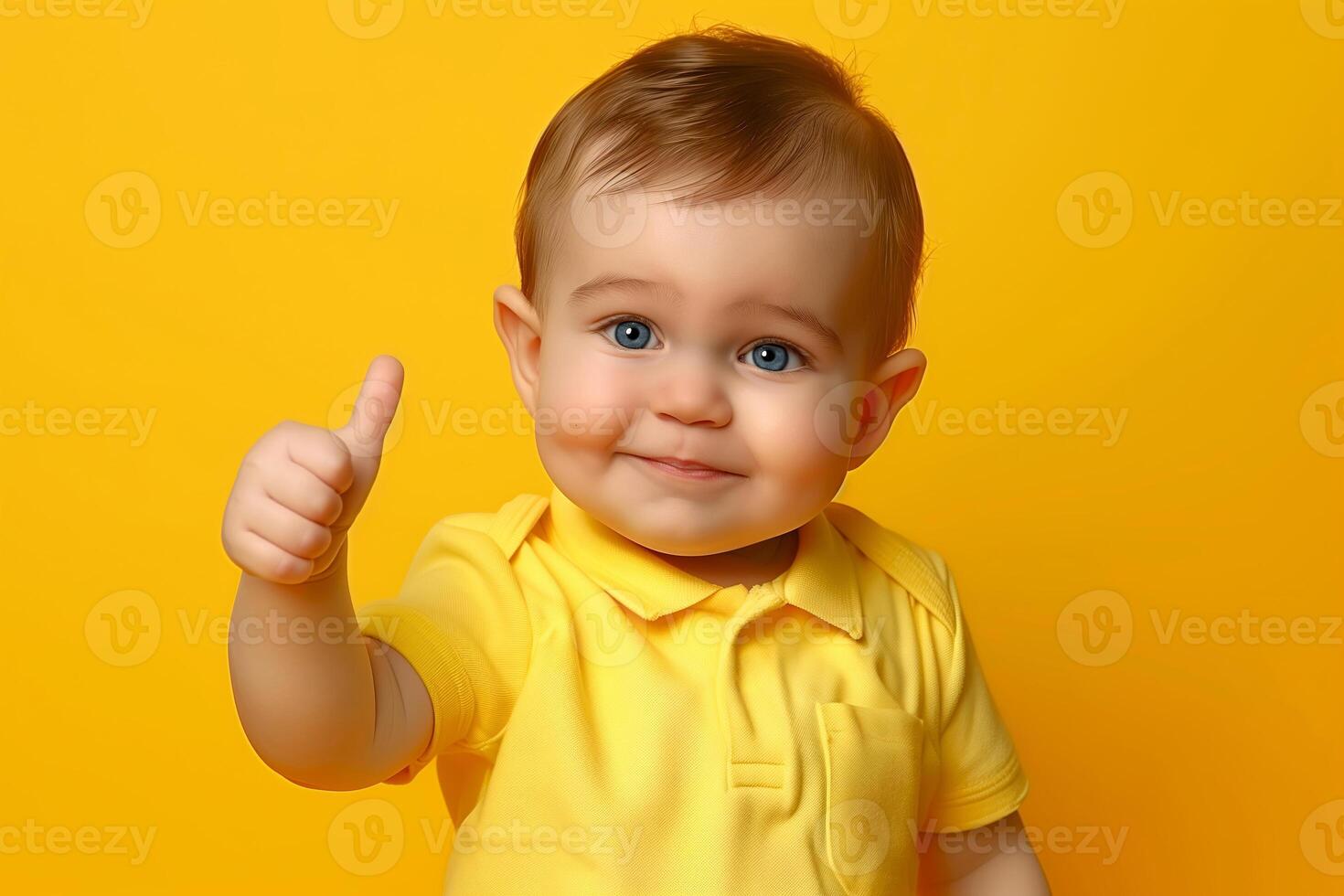 Cute Baby Smiling on Bright Yellow Background, Thumbs Up Gesture, Wearing Yellow Polo Shirt, Adorable Expression, Cheerful Toddler, Happy Child, Fresh and Vibrant Color Palette, High-Quality Portrait photo