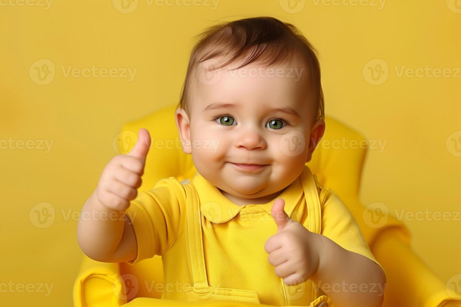 Charming Baby With Thumbs Up On Bright Yellow Background, Wearing Stylish Yellow Outfit, Smiling, Celebrating Happiness, Ideal For Children's Advertisements, Family Greeting Cards photo