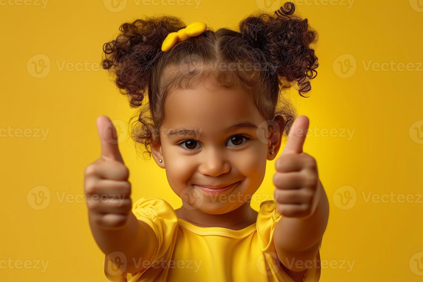 Happy Smiling Little Girl With Curly Hair And Pigtails Giving Thumbs Up Wearing Yellow Shirt On Matching Yellow Background Expressing Positivity And Joy Perfect For Kids Fashion And Parenting Themes photo