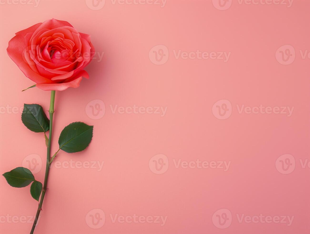 Elegant Single Red Rose on Pastel Coral Background With Green Leaves for Valentine's Day, Romantic Celebrations, Floral Arrangements, and Botanical Themes - Minimalistic Flower Photography photo