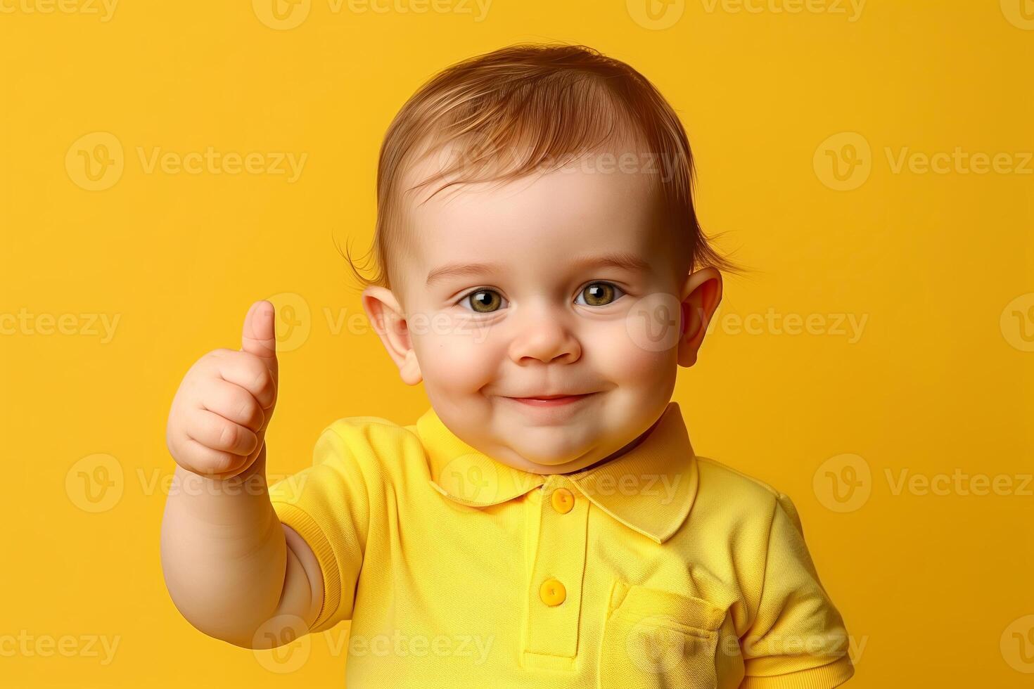 Adorable Baby in Yellow Polo Smiling with Thumbs Up on Bright Yellow Background, Joyful Expression, Positive Gesture, Vibrant Monochrome Palette, Cheerful Setting, Happy Toddler Portrait photo
