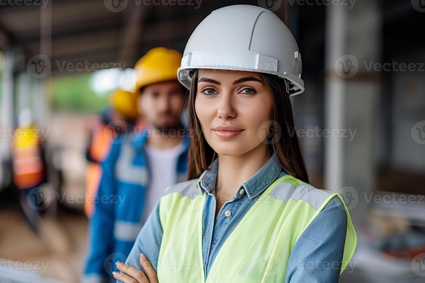 Confident Female Engineer In Safety Gear At Construction Site With Team In Background Demonstrates Leadership And Expertise In Civil Engineering And Infrastructure Development photo