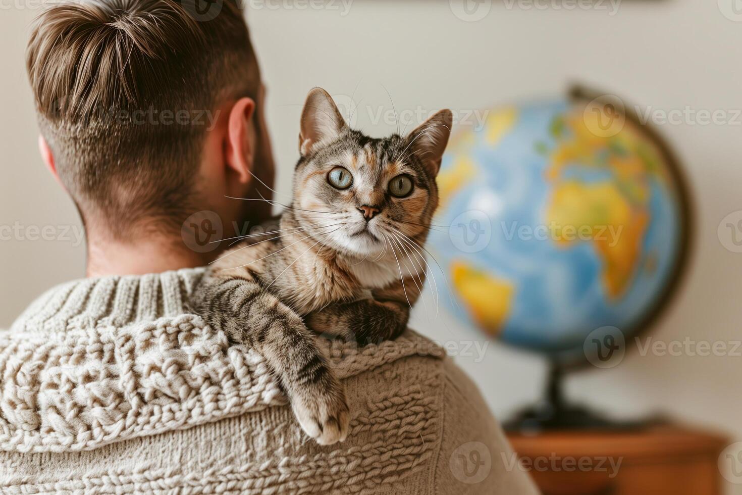 Man Holding Tabby Cat Facing Camera with World Globe in Background in Cozy Home Setting. Cat Day concept. photo