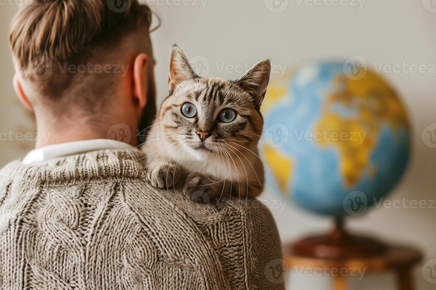Cat Sitting on Man's Shoulder with Globe in Background, Cozy Indoor Scene, Focus on Cat's Face, Soft Light, Warm Sweater Details, Vintage Home Decor, Travel Vibes. Cat Day concept. photo