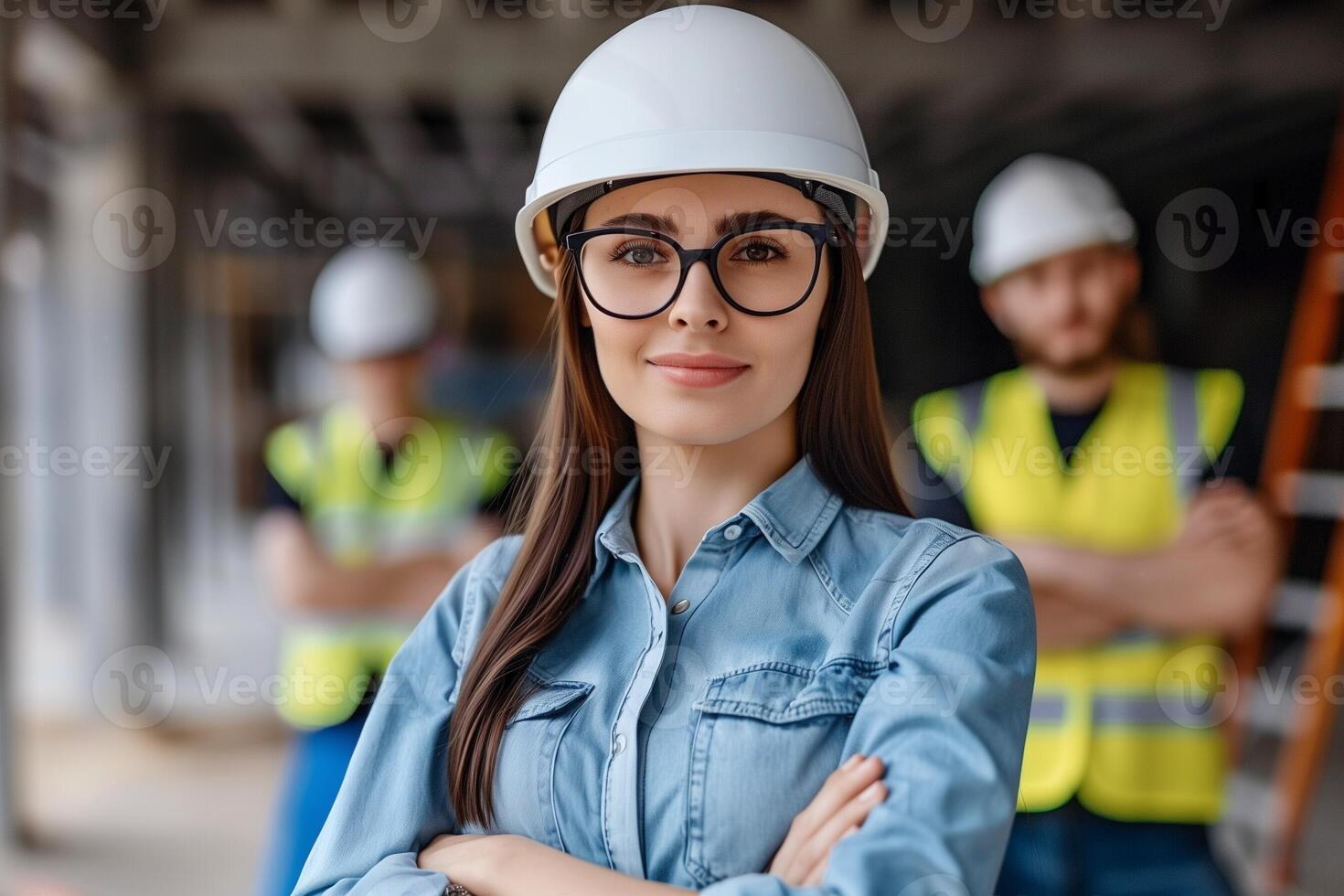 Confident Female Architect Wearing White Hard Hat and Glasses with Construction Workers in Background, Focus on Professionalism and Teamwork in Industrial Environment photo