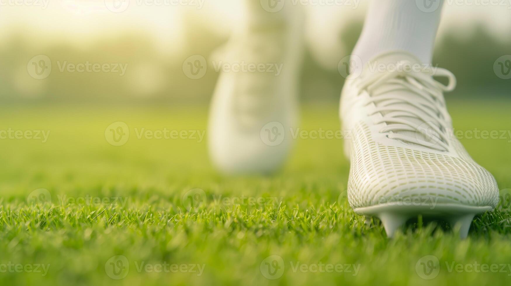Close-Up of Athlete's Foot in White Cleat on Lush Green Soccer Field at Sunset - Sports Action, Outdoor Activity, and Fitness Concept photo