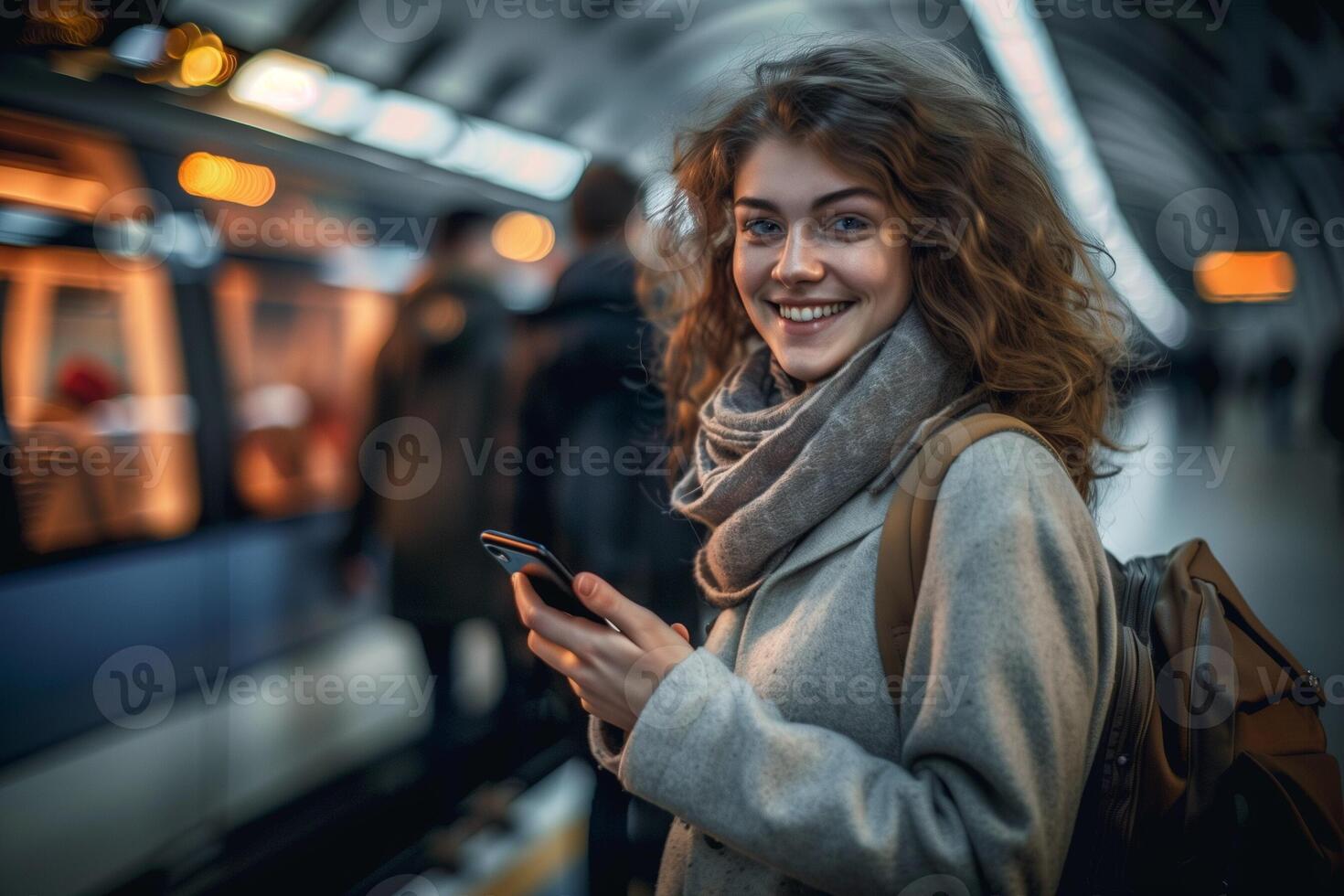 Young Woman With Curly Hair Smiling Using Smartphone in Modern Subway Station With Blurred Motion Background, Warm Scarf, Autumn Style, Urban Life, Commuting Vibe, Evening Lights, Vibrant Colors photo