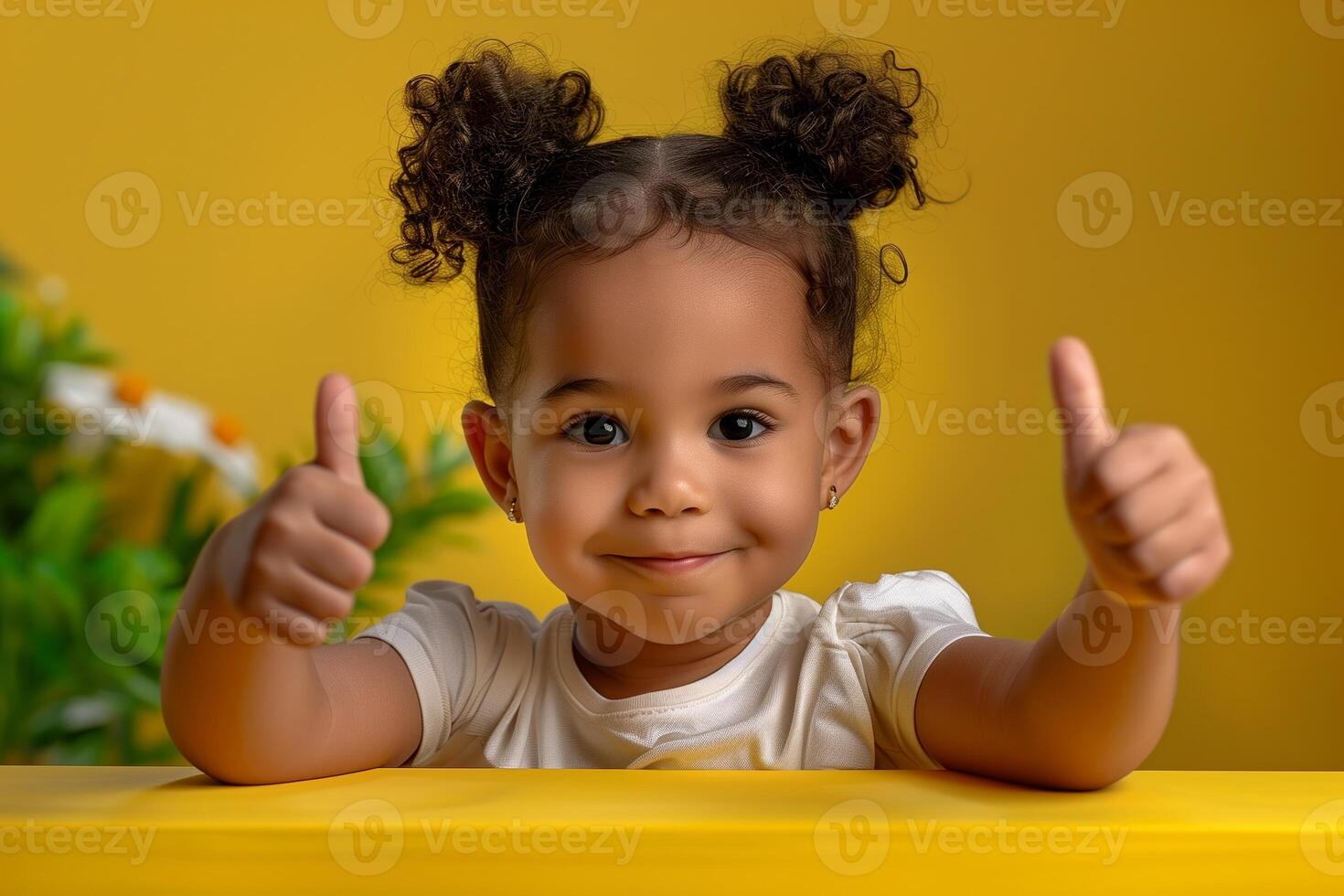 Smiling Child Giving Thumbs Up Gesture with Yellow Background Focused on Cheerful Expression and Positive Vibes for Bright and Joyful Kids Lifestyle Concept photo