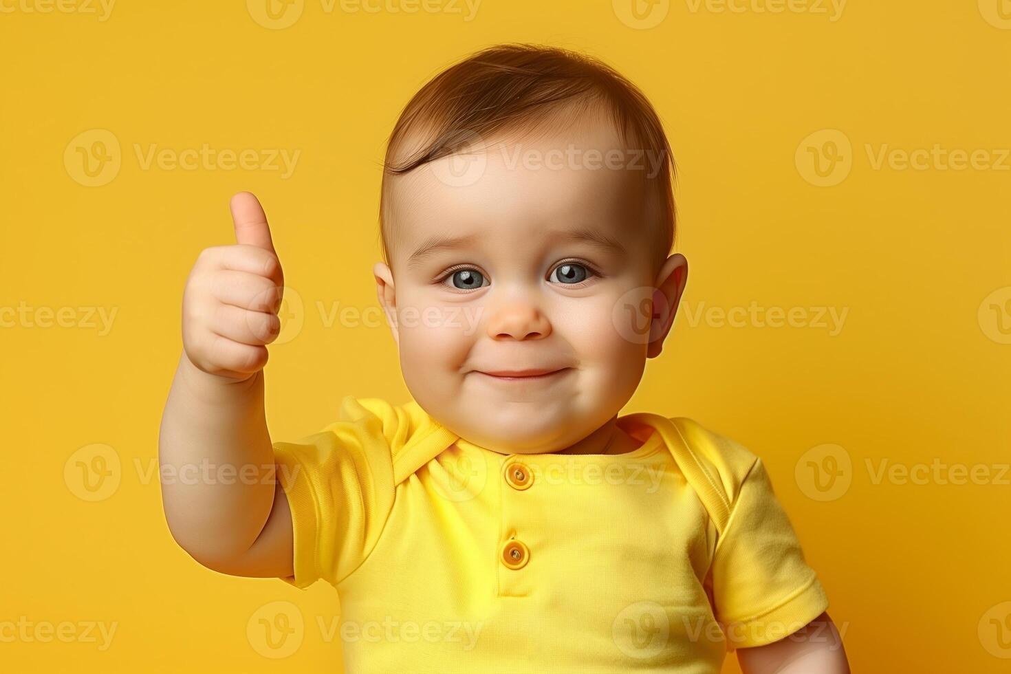 Happy Smiling Baby in Yellow Outfit with Thumbs Up Against Vibrant Yellow Background, Cheerful Positive Expression, Studio Portrait, Expressive Child Posing photo