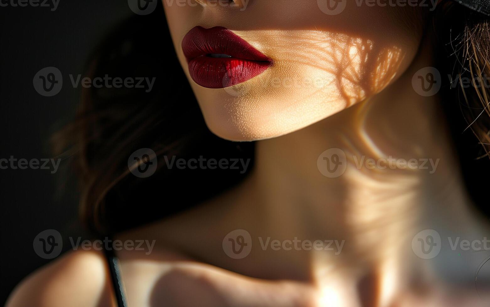 Elegant Close-Up of Woman's Face with Red Lips and Shadows, Highlighting Sophisticated Beauty and Sensuality in Dramatic Lighting photo