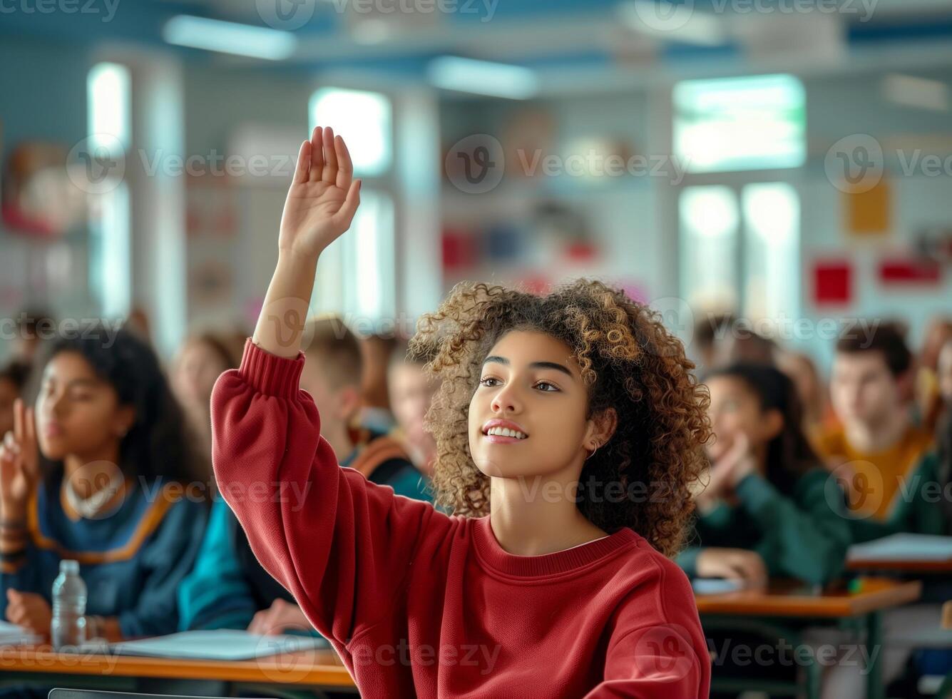 Engaged Student Raising Hand in Active Classroom Setting with Diverse Students Participating in Educational Activities, Bright Learning Atmosphere, Capturing Enthusiastic Learning Environment photo