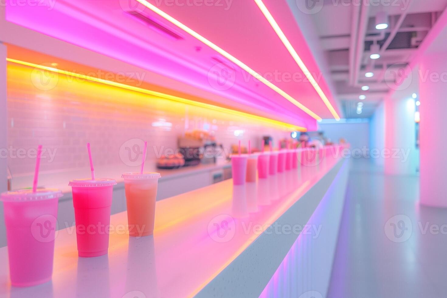 Neon Lit Modern Cafe Bar Counter with Rows of Colorful Smoothies in Plastic Cups under Pink and Yellow Lights photo