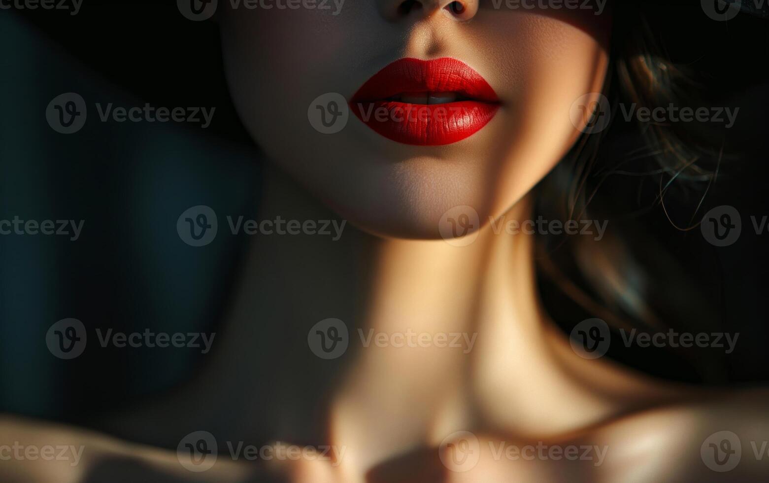 Sophisticated Close-Up of Woman's Lips With Red Lipstick Highlighting Glamour, Shadow Play, and Fashion Elegance photo
