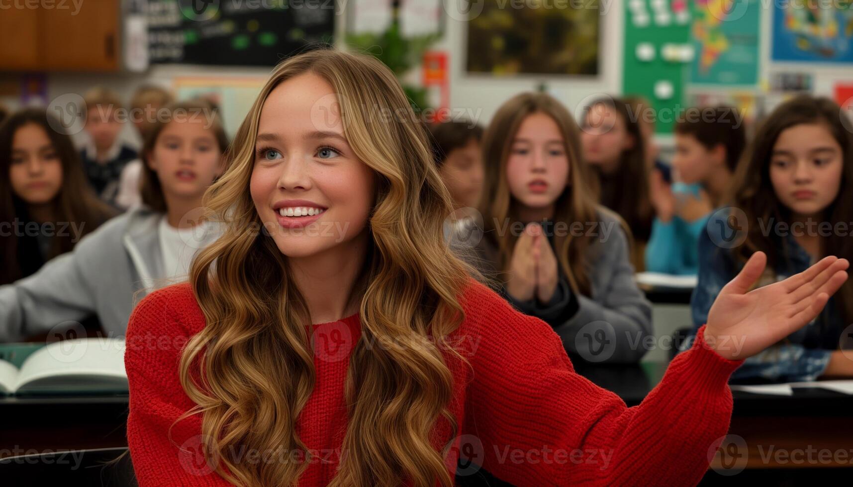 Enthusiastic Student in Red Sweater Participating in Classroom Discussion Surrounded by Classmates in Bright and Inviting Educational Setting photo