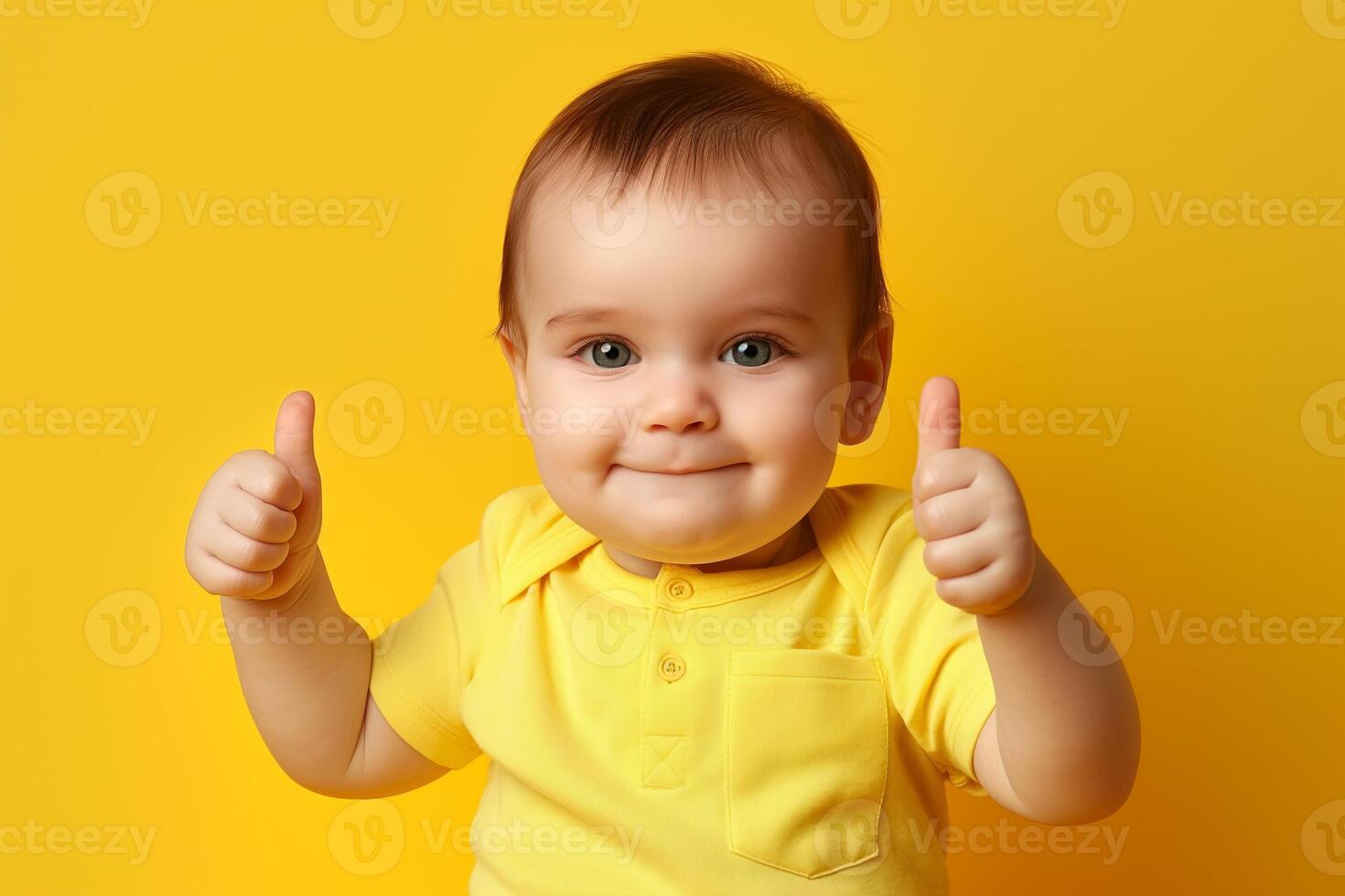 Adorable Baby in Yellow Shirt Giving Thumbs Up Against Solid Yellow Background, Expressing Positivity and Happiness, Ideal for Child-Themed Designs and Celebrations in a Bright, Cheerful Atmosphere photo