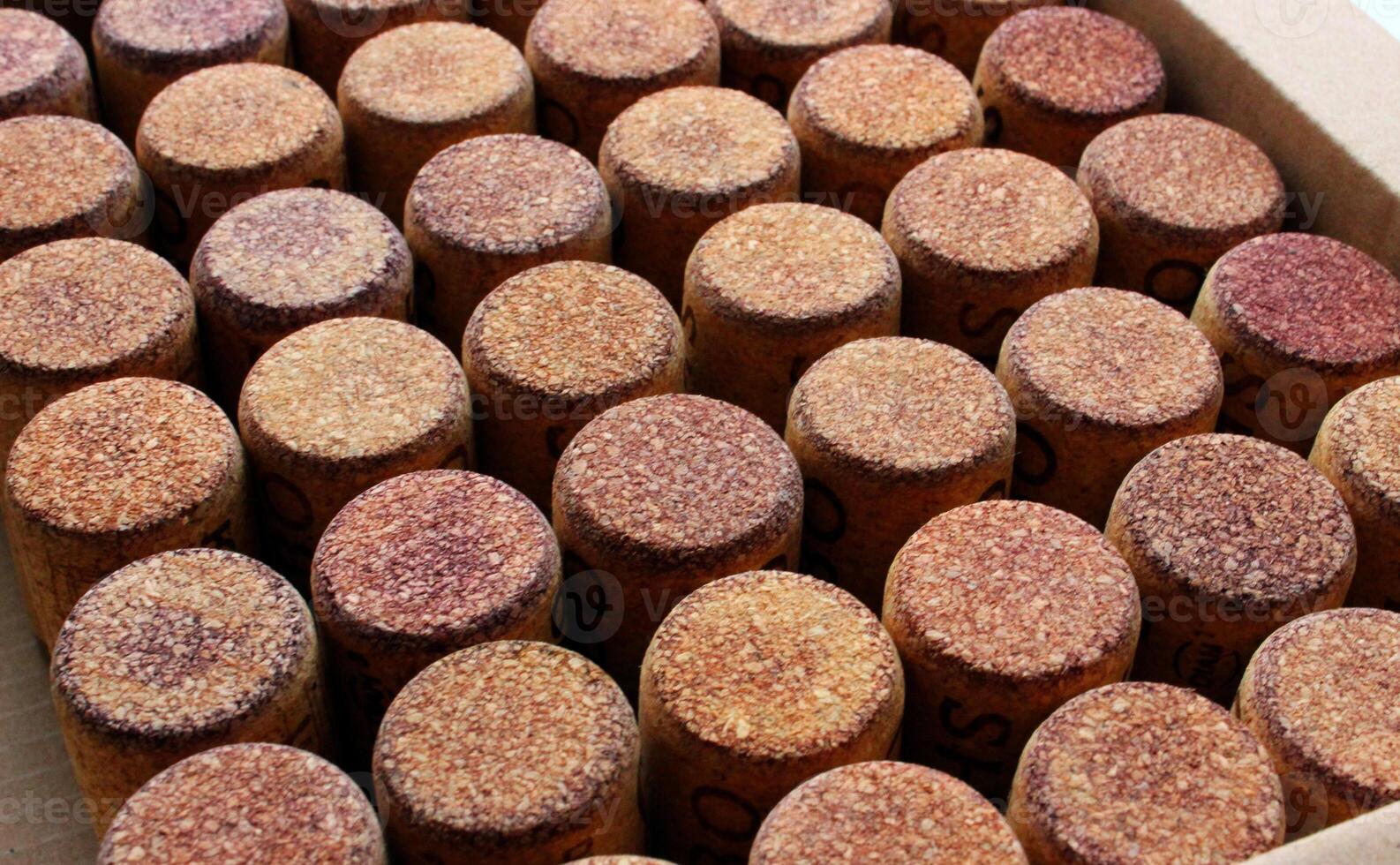 Wine corks lined up in neat rows closeup top view texture background photo