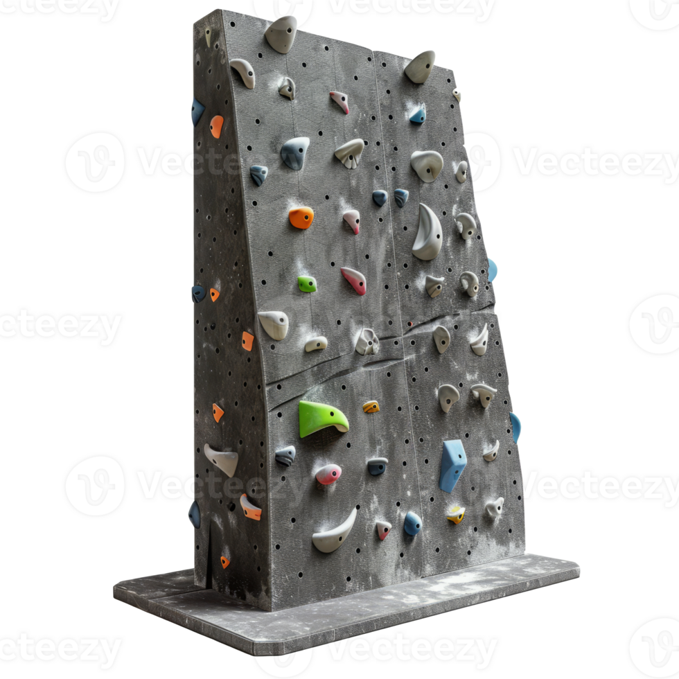 Empty indoor artificial climbing wall with colorful holds and grips png