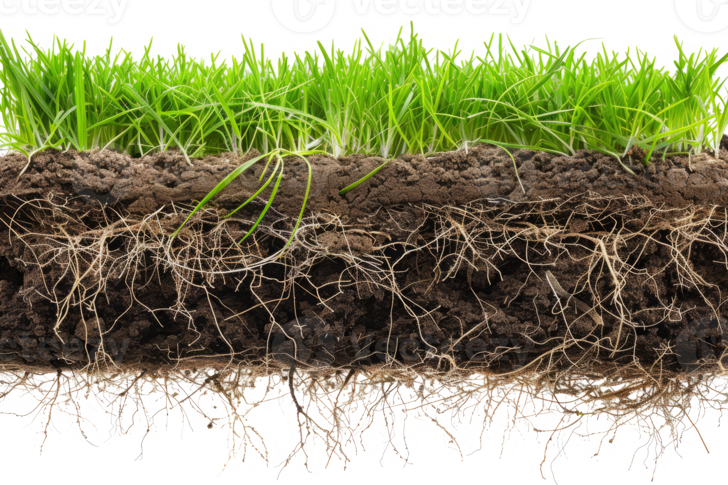 Green grass with root structure growing from soil layers png