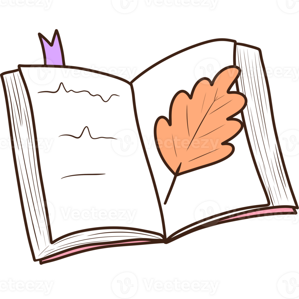 Book with fall leaf clipart, Groovy retro halloween bookish illustration. png