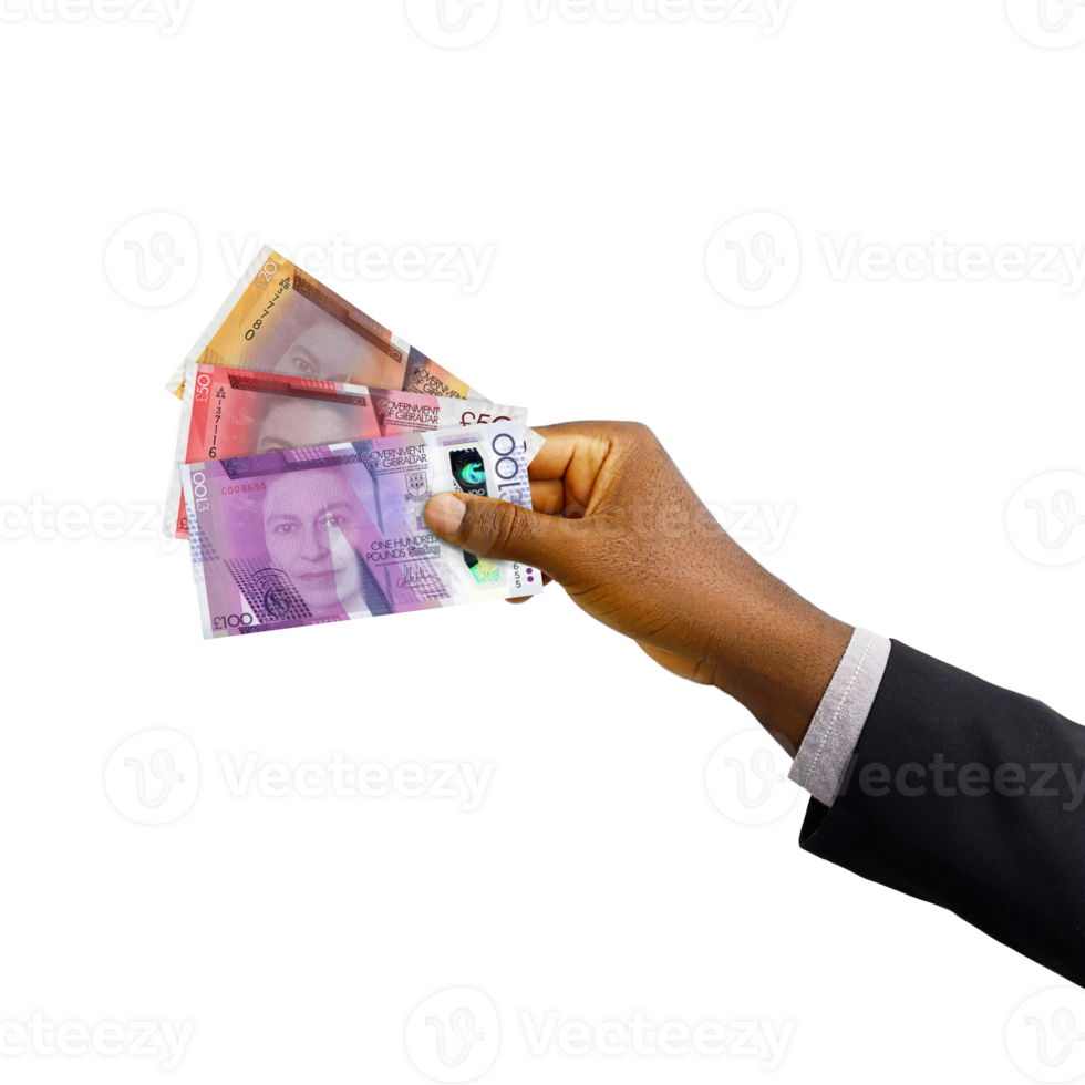 Black hand with suit holding 3D rendered Gibraltar Pounds sterling notes isolated on transparent background png