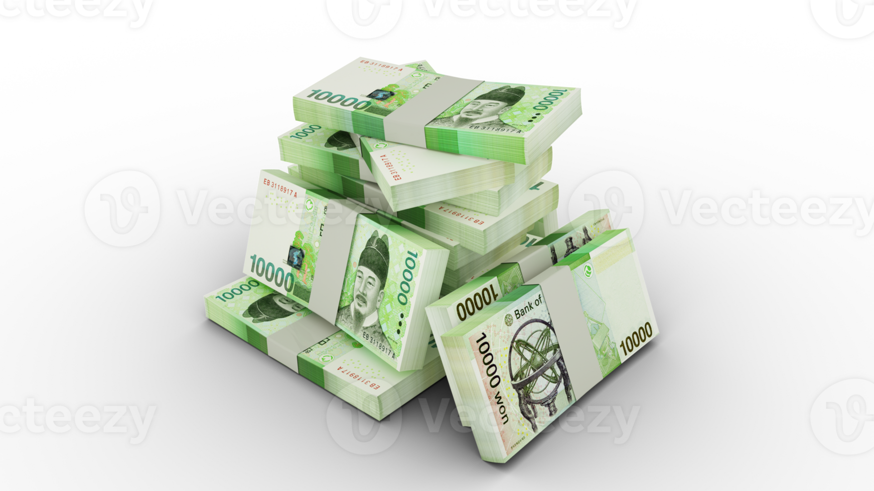 3d rendering of Stack of Korean won notes. bundles of South Korean currency notes isolated on transparent background png