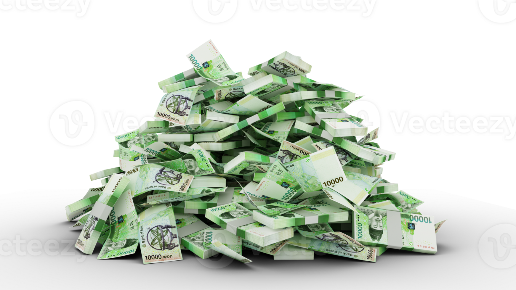 Big pile of Korean won notes. A lot of money isolated on transparent background. 3d rendering of bundles of cash png