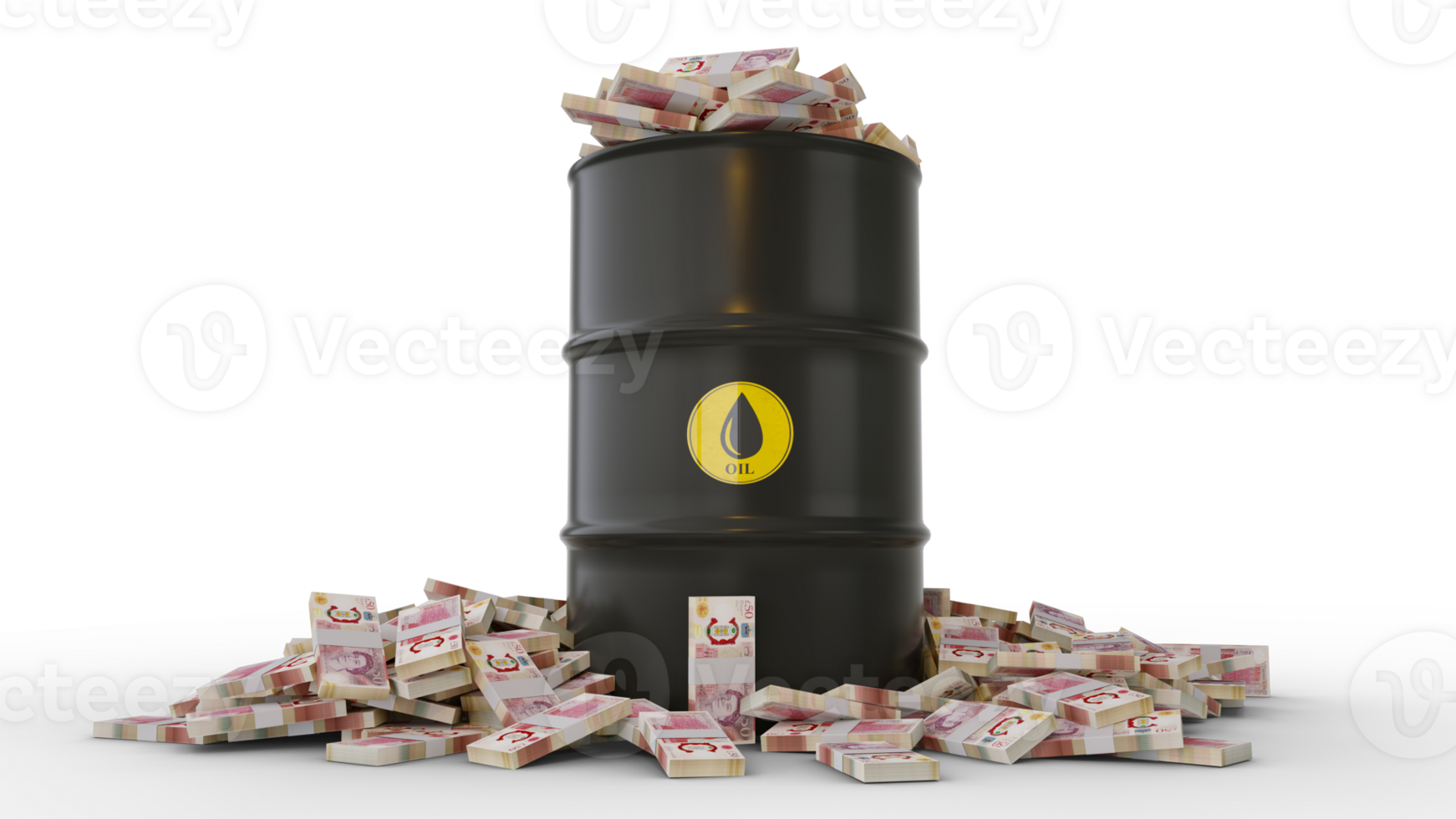 Stacks of British pound notes inside black Oil Barrel isolated on transparent background. 3d rendering png
