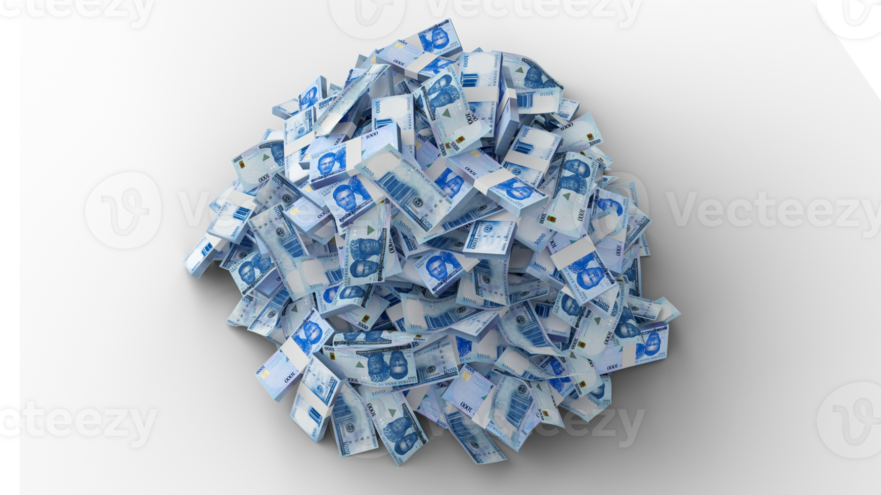 Big pile of Nigerian naira notes. A lot of money isolated on transparent background. 3d rendering of bundles of cash png