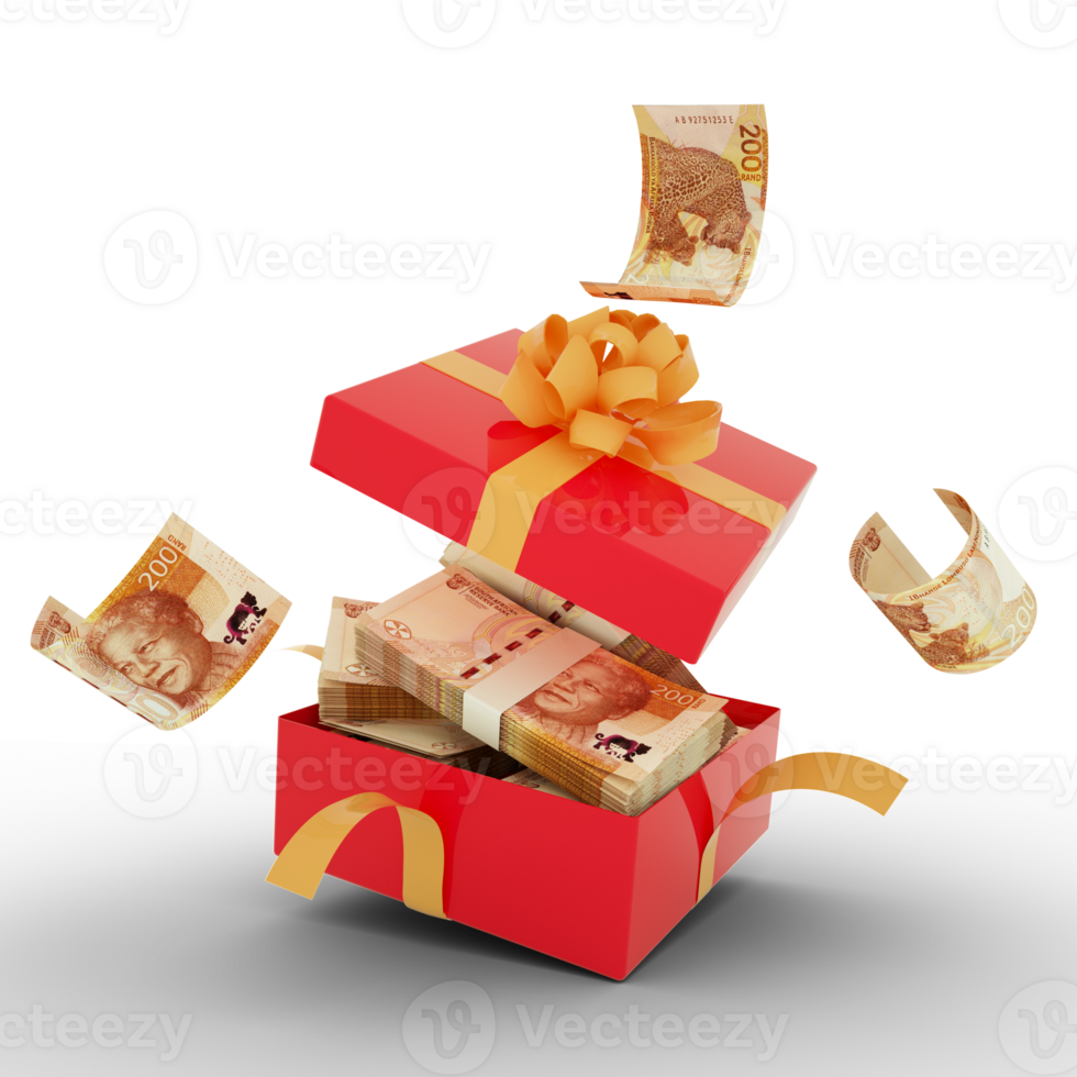 3d rendering stack of South Africa Rand notes in a red gift box and some flying around on isolated transparent background png