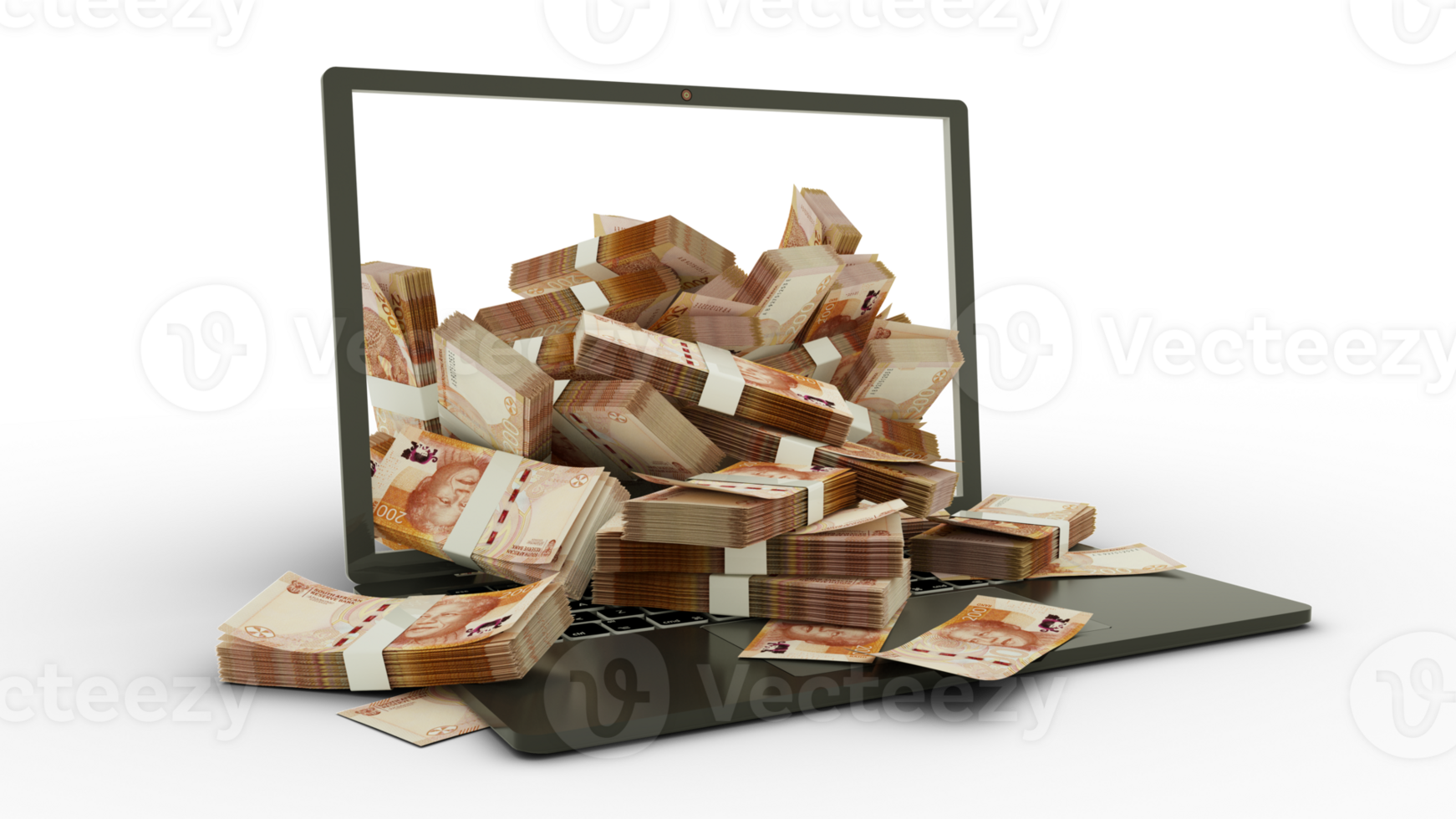 3D rendering of South Africa Rand notes coming out of a Laptop monitor isolated on transparent background. stacks of South Africa Rand notes inside a laptop. money from computer, money from laptop png