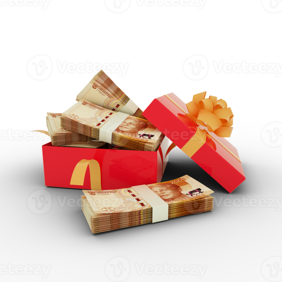 3d rendering stack of South Africa Rand notes in a red gift box on isolated transparent background png
