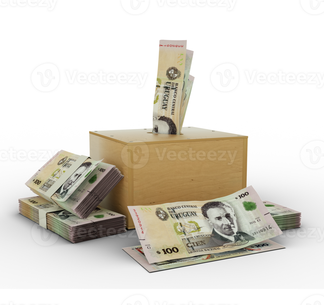 100 Uruguayan Peso Uruguayo notes inside an open wooden savings box. set of savings concept. Generic Piggy Bank, Penny Bank, Money Box. 3d rendering png