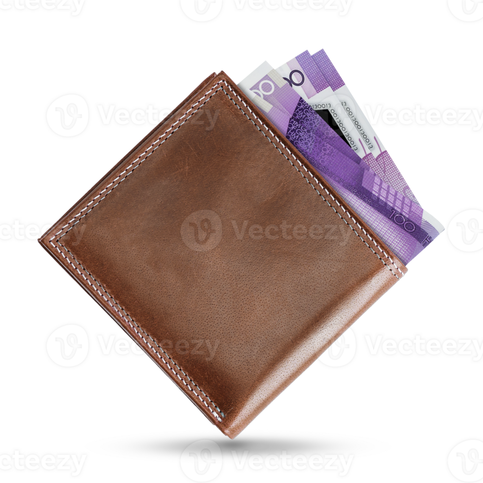 3D rendering of Gibraltar Pound notes in a brown leather men wallet. Gibraltar Pound in wallet png