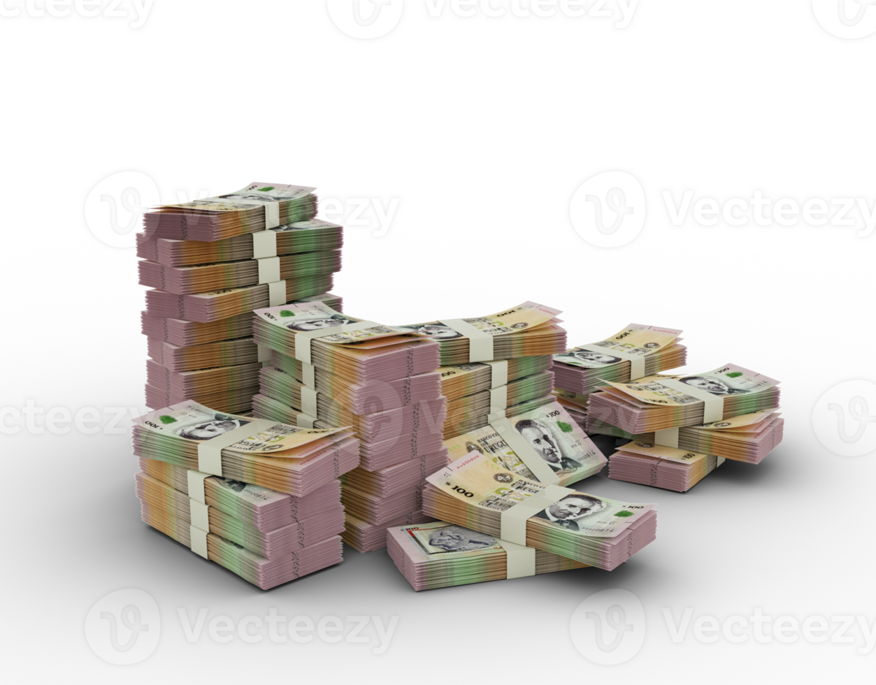 Stack of Uruguayan Peso Uruguayo notes. 3D rendering of bundles of banknotes isolated on a transparent backround png
