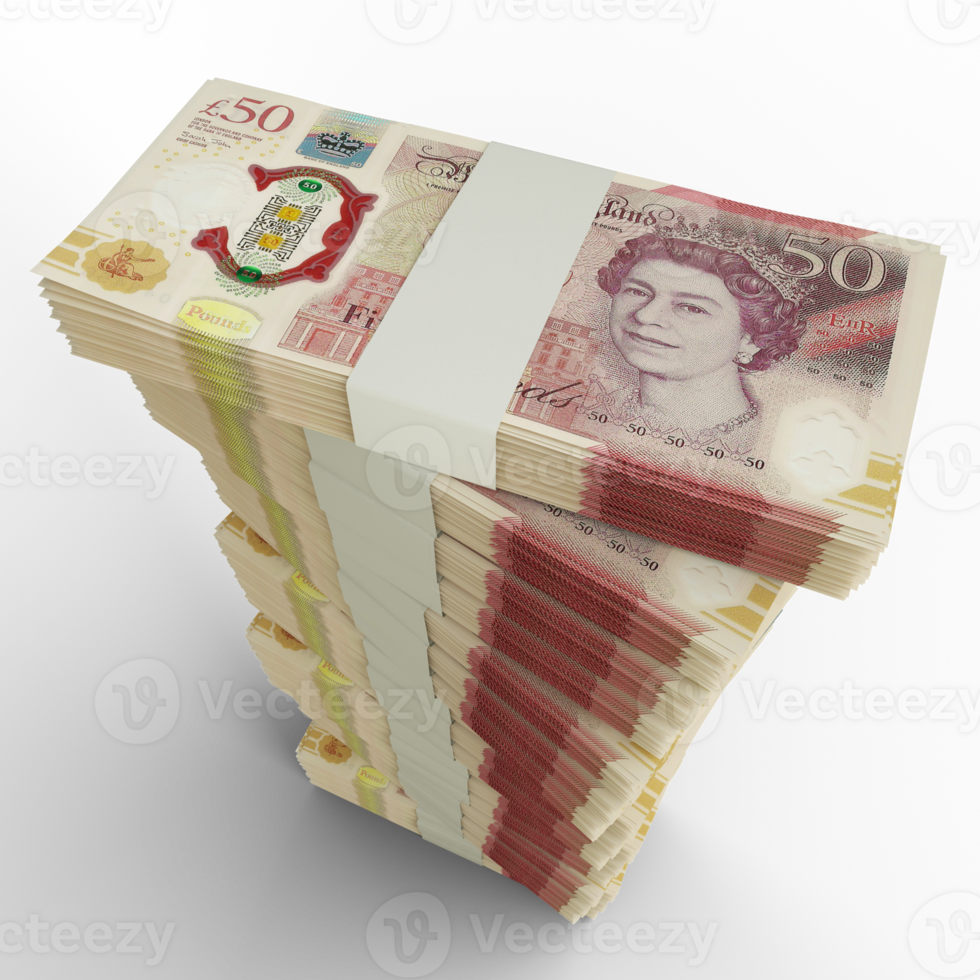 3D rendering of stacks of British pounds sterling notes isolated on transparent background png