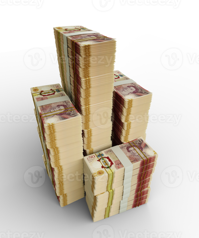 Big stacks of British pounds sterling notes. A lot of money isolated on transparent background. 3d rendering of bundles of cash png