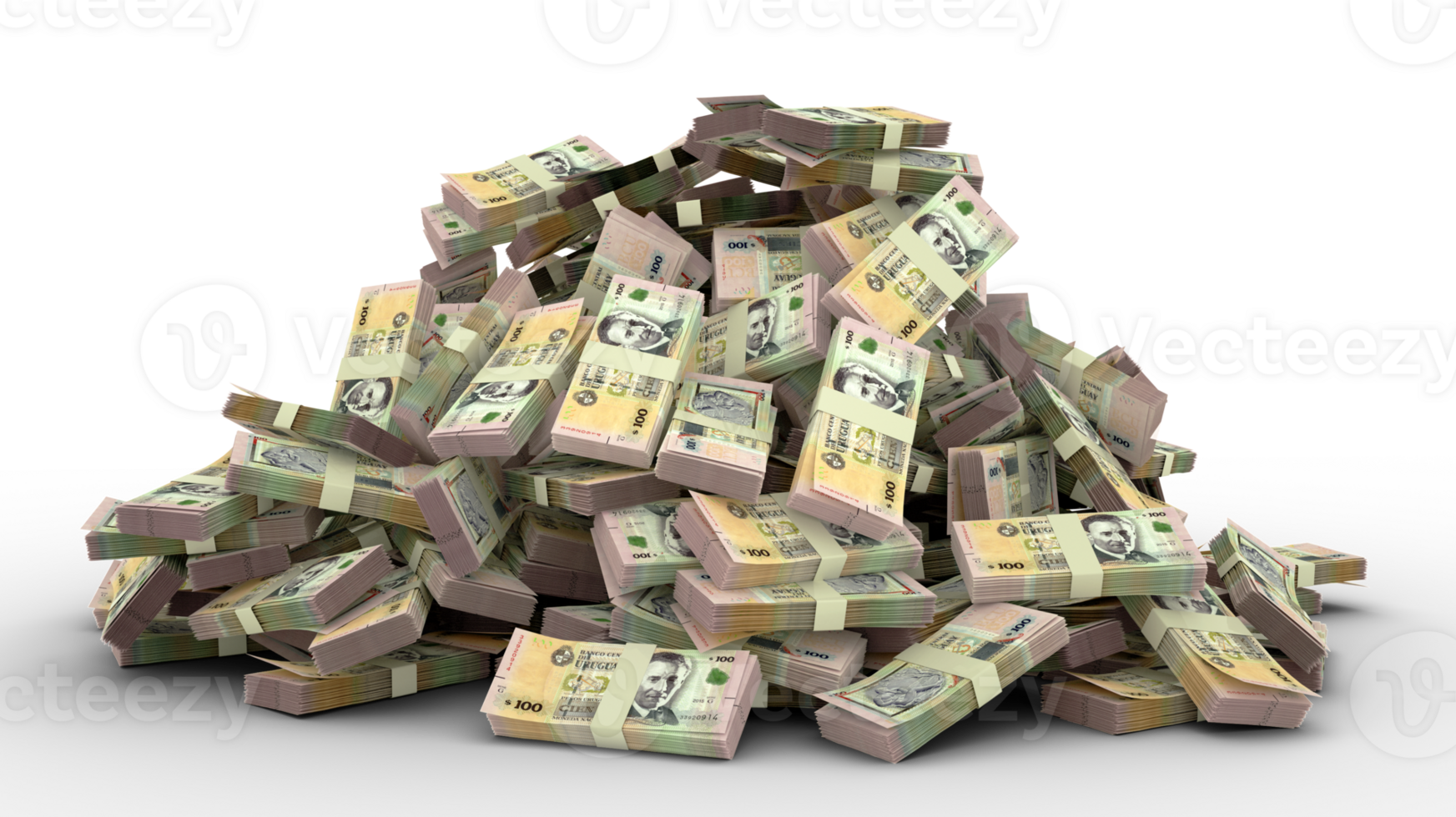 Big pile of 100 Uruguayan Peso Uruguayo notes a lot of money over transparent background. 3d rendering of bundles of cash png
