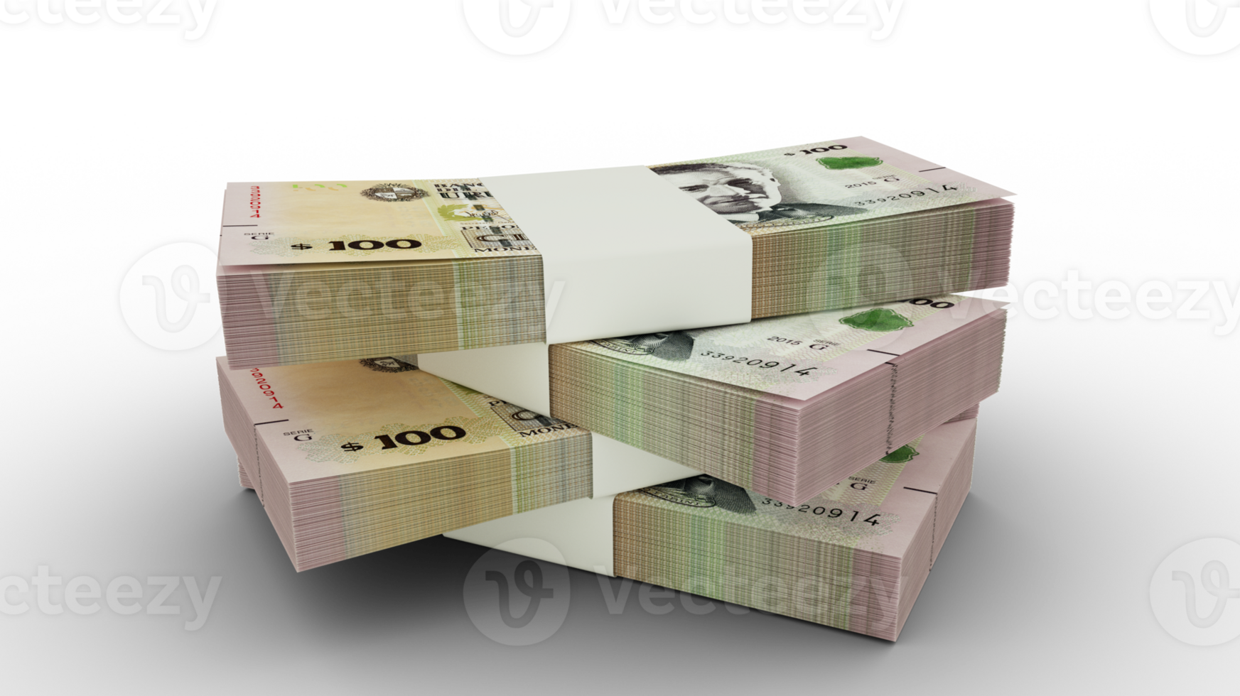 3d rendering of Stack of Uruguayan Peso Uruguayo notes. Few bundles of Uruguayan currency isolated on transparent background png