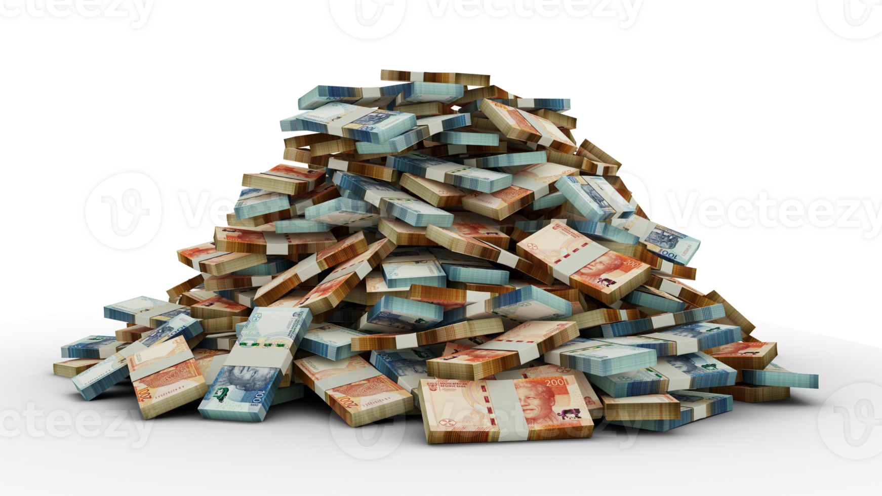 Big pile of stacks of South African Rand notes a lot of money isolated over transparent background. 3d rendering of bundles of cash png