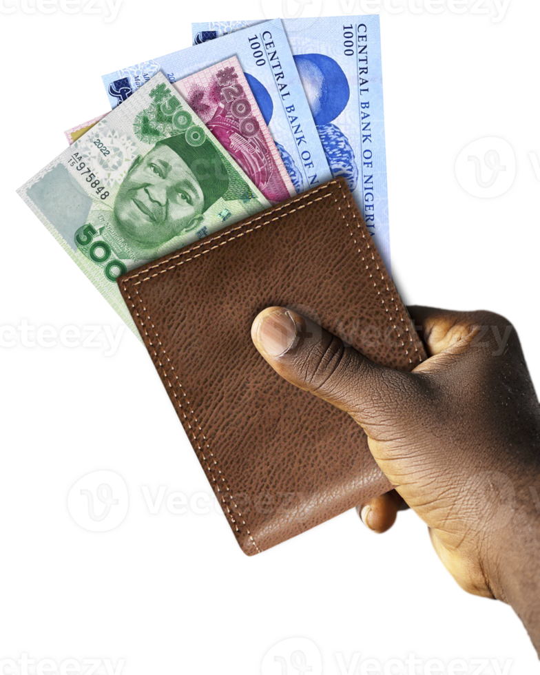 Black Hand Holding brown wallet With Nigerian naira notes isolated on a transparent background png
