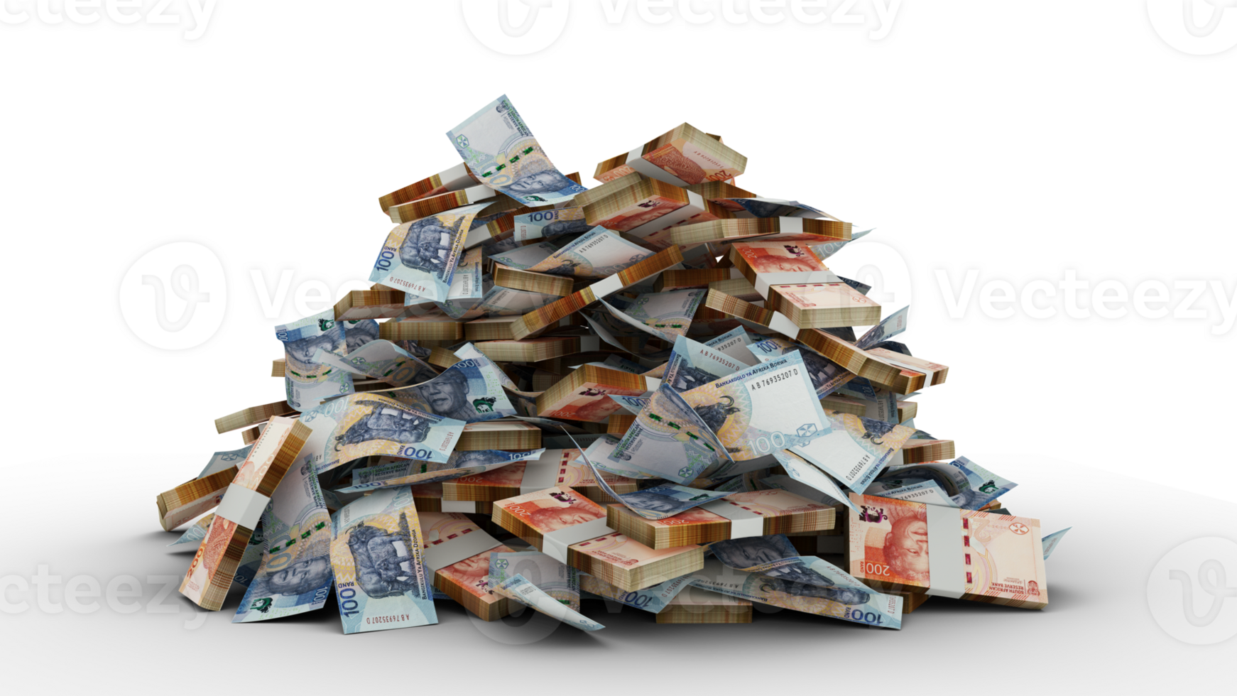 Big pile of South African Rand notes. A lot of money isolated on transparent background. 3d rendering of bundles of cash png