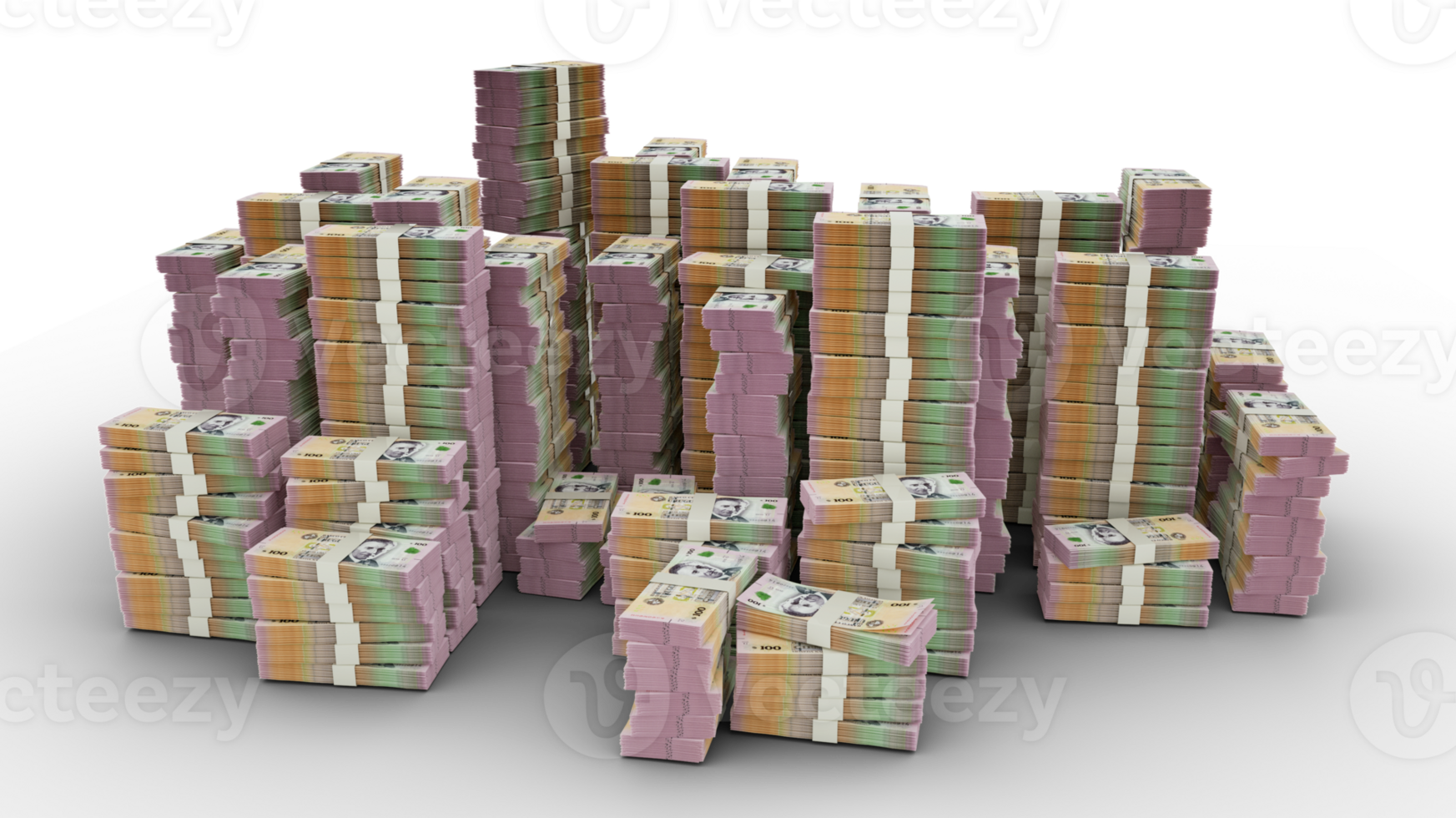 Big stack of 100 Uruguayan Peso Uruguayo notes. A lot of money isolated on transparent background. 3d rendering of bundles of cash png
