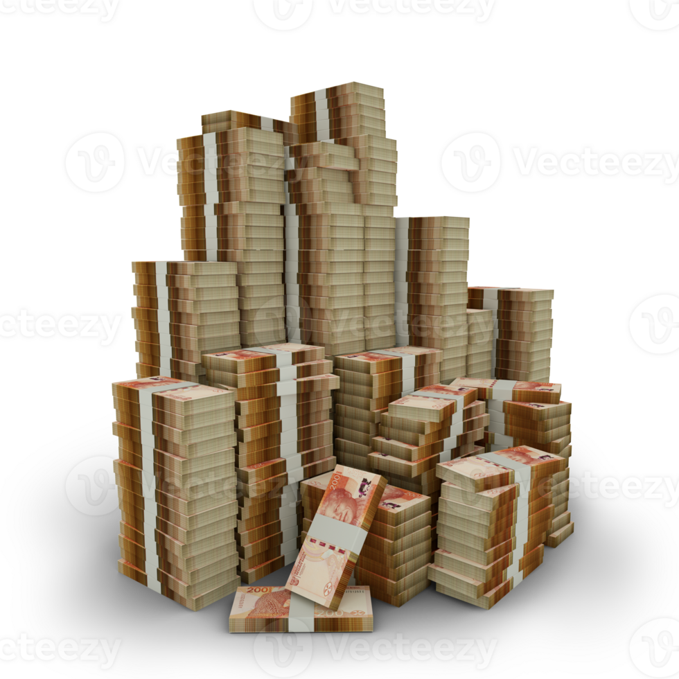 Big stacks of South African Rand notes. A lot of money isolated on transparent background. 3d rendering of bundles of arranged cash png
