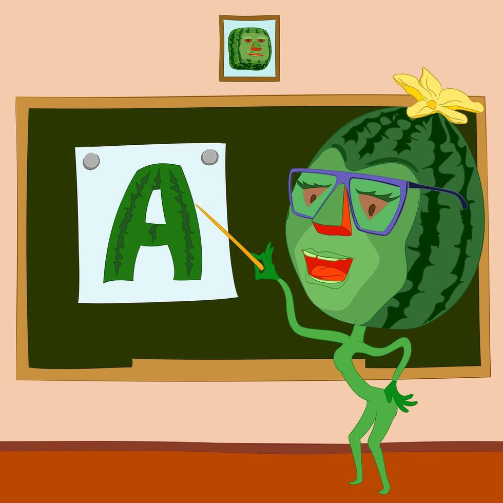 Watermelon teacher with glasses pointing at picture with letter A. illustration of cartoon character watermelon teacher with glasses pointing at picture attached to school board with pointer vector