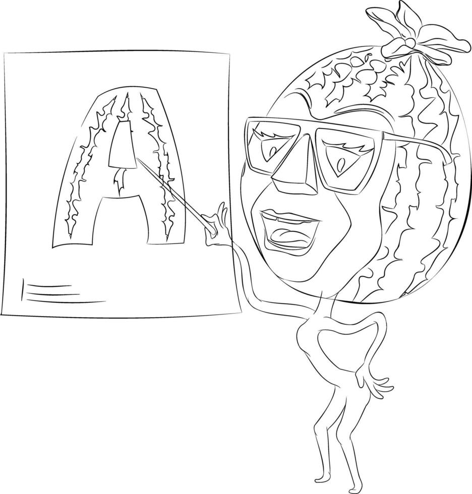 Line art illustration of cartoon watermelon teacher with glasses pointing at picture with letter A. illustration of cartoon character watermelon teacher with glasses pointing at pic vector